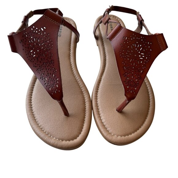 Torrid Brown Laser-Cut Leather Thong Sandals w/ Elastic Strap Closure Sz 11 - Picture 1 of 8
